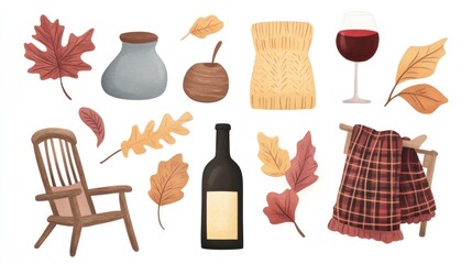 Autumn doodles with wine, mulled wine, plaid, and rocking chair in a cozy setting.
