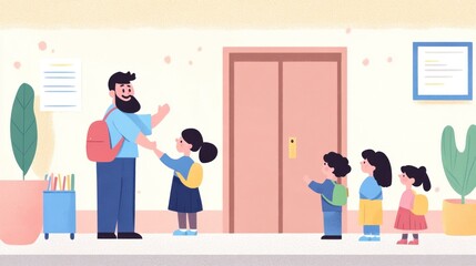 Friendly teacher greeting students with high fives, positive start to the day.