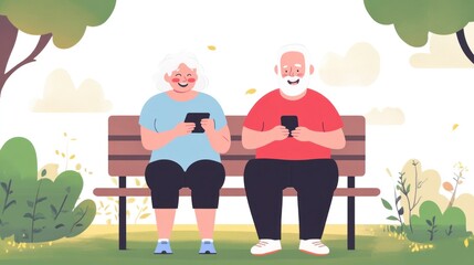 Happy elderly couple in workout clothes sitting on park bench, checking smartphone