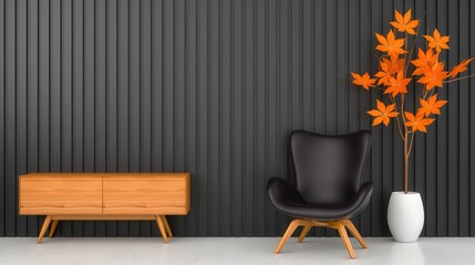 Fototapeta premium Dark contemporary waiting room interior with wooden sideboard