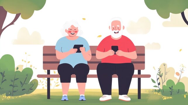 Happy elderly couple in workout clothes sitting on park bench, checking smartphone