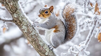 Obraz premium Squirrel Climbing Tree in Snowy Landscape