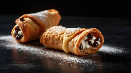 Italian Cannoli Pastry with Creamy Ricotta Filling on Black Background.