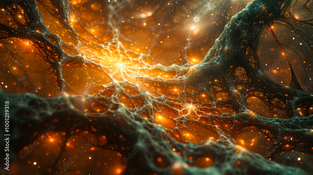 Poster abstract neural network with glowing nodes and connections depicting artificial intelligence and dat