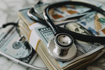 A close-up of a stethoscope lying on fanned-out US dollar notes, emphasizing healthcare costs and financial implications.