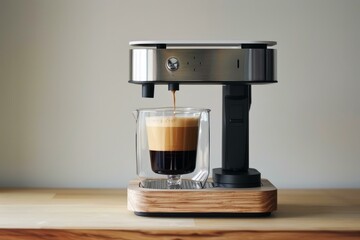 Modern coffee machine is brewing espresso coffee into a glass cup on a wooden table