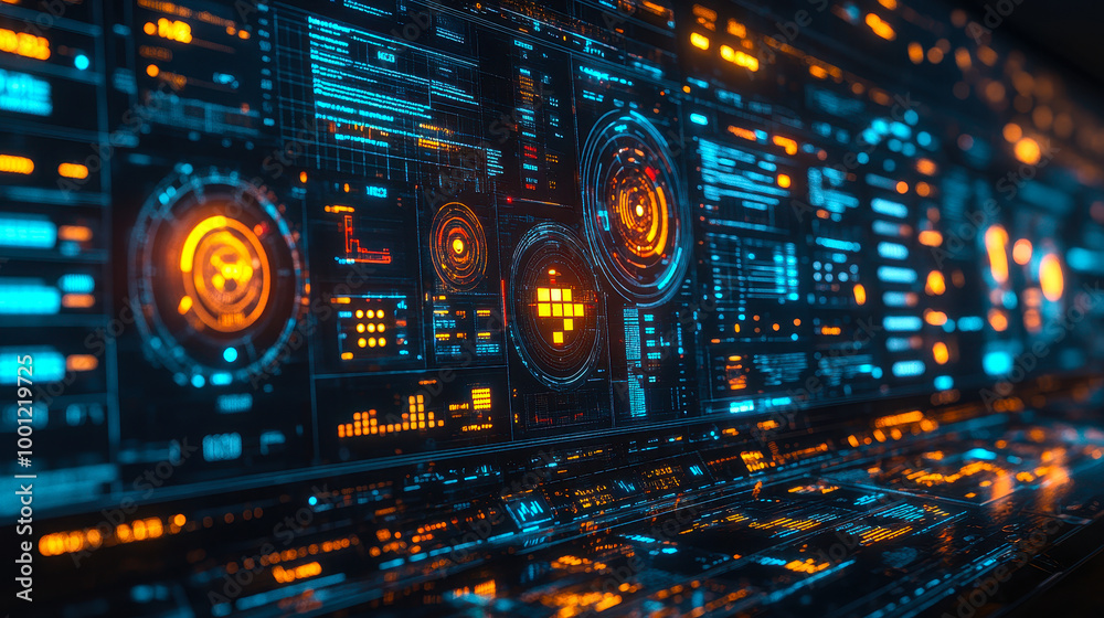 Poster futuristic ai-powered project dashboard displaying key performance indicators and metrics in a digit