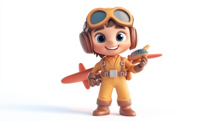 Adorable pilot character holding a toy airplane, smiling warmly, isolated on a white background.