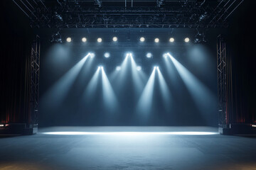Empty concert stage with spotlights. Concert hall or theater background with copy space