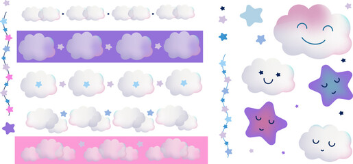 Baby shower png 3d icon and border set.  Doodle png elements for baby boy shower card. Baby toys and clouds, stars. Template for banner, poster, greeting card