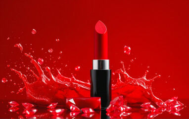 Product shot for an advertising banner: bright red lipstick on a red background among bright splashes.