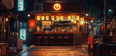 Anime-style Night Time Traditional Izakaya with Illuminated Lanterns and Open Seating in a Cozy Urban Setting