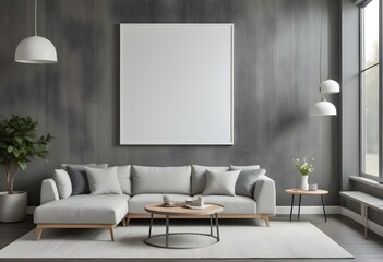 A modern living room with a large white framed artwork hanging on a gray wooden wall. The room features a comfortable gray sectional sofa.