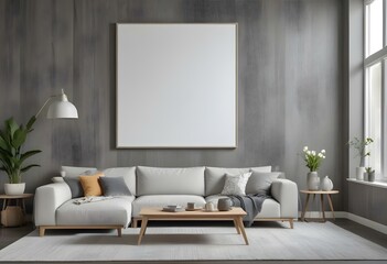 A modern living room with a large white framed artwork hanging on a gray wooden wall. The room features a comfortable gray sectional sofa.