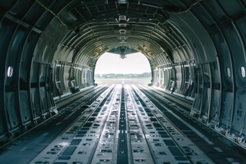 The inside of an empty cargo aircraft showing the detailed structure of the fuselage and the clear exit towards the outside, creating a vanishing point effect.