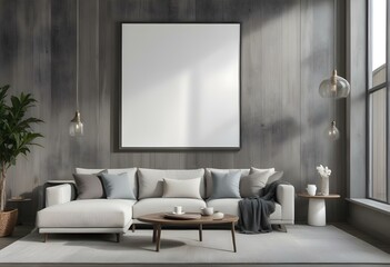 A modern living room with a large white framed artwork hanging on a gray wooden wall. The room features a comfortable gray sectional sofa.