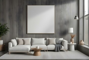 A modern living room with a large white framed artwork hanging on a gray wooden wall. The room features a comfortable gray sectional sofa.