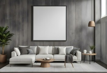 A modern living room with a large white framed artwork hanging on a gray wooden wall. The room features a comfortable gray sectional sofa.