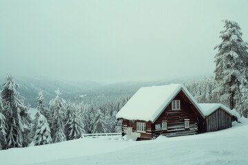 A cozy wooden cabin blanketed in thick snow stands amidst a calm, wintry forest, evoking warmth and serenity in a cold, white landscape.