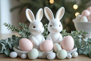 Obraz premium Cute decorative bunnies with pastel eggs adorn a spring-themed table, perfect for Easter celebrations and seasonal decor.