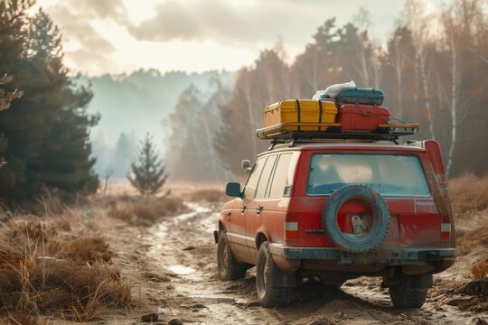 Off-road red vehicle packed with camping gear driving through a muddy trail amidst a misty, forested landscape.