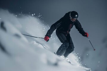 Clad in dark winter gear, a skier glides smoothly over snowy terrain, emulating the essence of winter adventure sports with finesse and control.