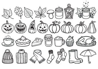 Hand drawn doodle fall themed icons