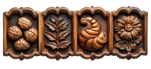 a wood carving of a snake and a plant. 