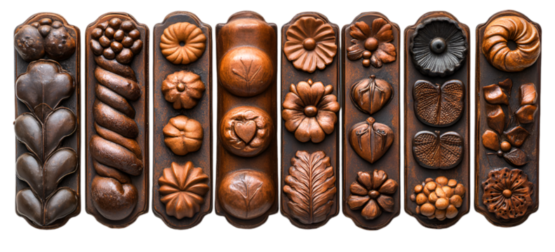 a row of brown molds with different shapes. 