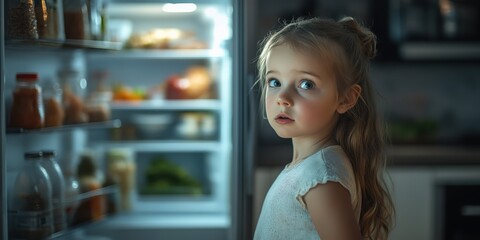 Little Girl Looking Into Empty Fridge at Home, Searching for Food