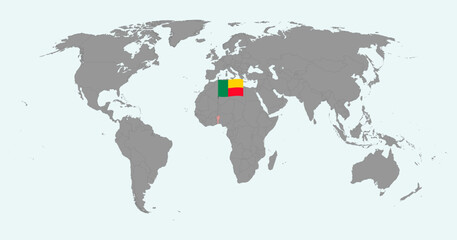 Pin map with Benin flag on world map. Vector illustration.