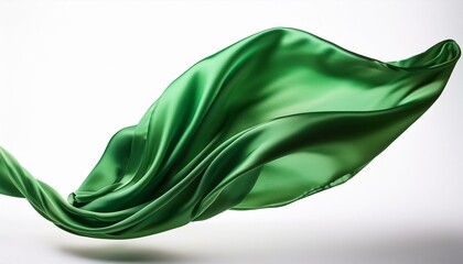 Green silk fabric majestically flying on a white background