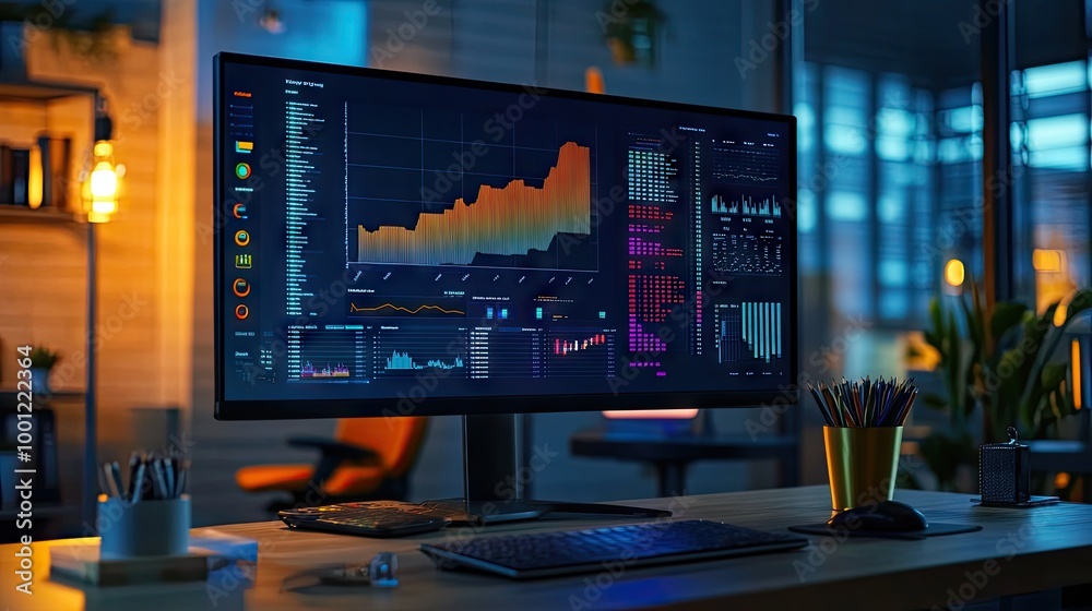 Poster data analyst's workspace with a monitor displaying vibrant data visualizations, charts, and statisti