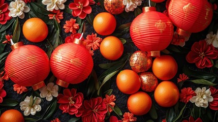 Vibrant Chinese lanterns and oranges surrounded by blooming flowers, perfect for celebrating Lunar New Year festivities.