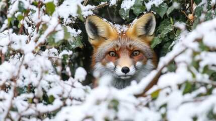 Red Fox Peeking Through Snowy Greenery