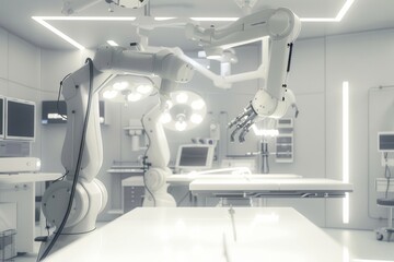 A modern, sterile operating room featuring robotic surgical arms and advanced medical equipment ready for a high-tech procedure.