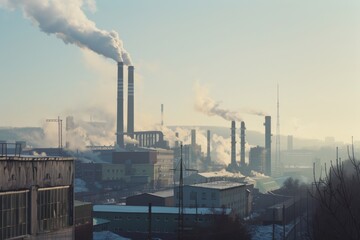 Fototapeta premium Industrial smokestacks release plumes of smoke into the sky, depicting pollution and the impact of industry on the environment.