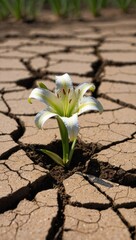 White lily in full bloom growing from cracked earth