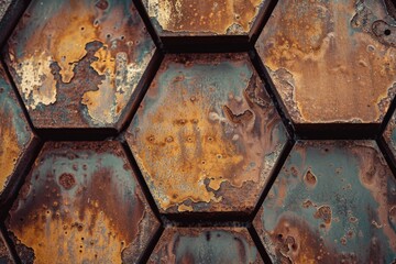 Close-up of rusted, hexagonal metal plates, showcasing textures and decay with rich colors and intricate patterns.