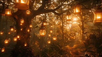 A magical forest adorned with lanterns emitting a magical glow, a backdrop of a whimsical fantasy world.