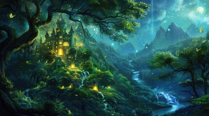 Obraz premium An ancient city nestled within a magical forest, a backdrop of a vibrant fantasy world.