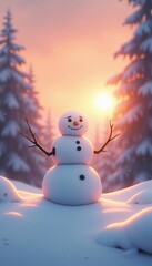 Fototapeta premium Snowman with winter sunset in the forest, illustration
