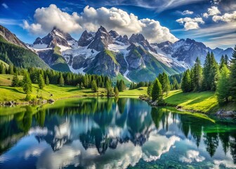 Fototapeta premium Serene alpine landscape featuring towering snow-capped peaks, lush green valleys, and crystal-clear lakes, set against
