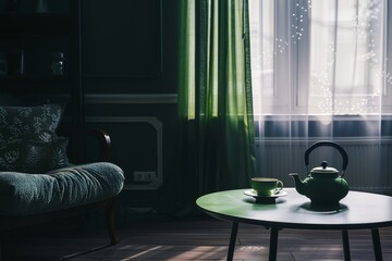 A serene living room scene, featuring a green teapot and teacup on a minimalist round table by a window illuminated with gentle sunlight.
