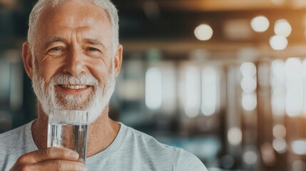Elderly man drinking water after a workout, smiling in a gym environment, hydration, senior fitness and nutrition