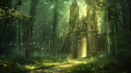 Obraz premium A unique house in a magical forest, a backdrop of an enchanting fantasy world.