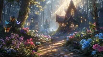 A unique house in a magical forest, a backdrop of an enchanting fantasy world.
