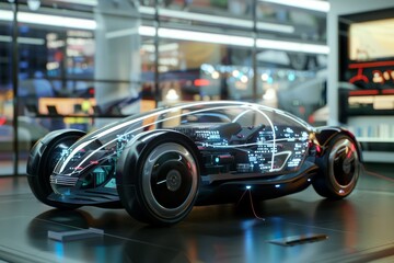 Obraz premium A futuristic car displayed in a high-tech showroom, with a sleek design and glowing internal components showcasing technological advancement.