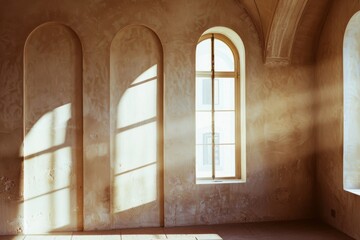 Fototapeta premium Sunlight streaming through arched windows, casting serene shadows in a historical, empty room.