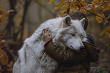 Fototapeta premium A child in a dark green jacket hugs a majestic white wolf in a tranquil forest, surrounded by underbrush and colorful autumn leaves.